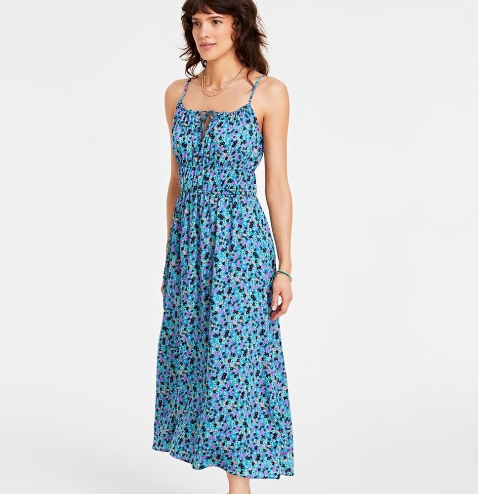 Floral Blue Purple Tie Front Midi Dress Size M